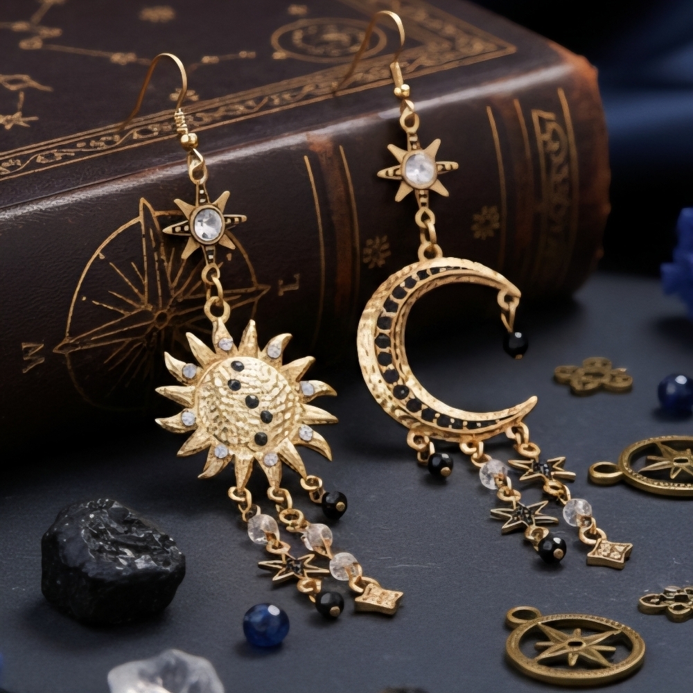Celestial Asymmetric Sun Moon Dangle Earrings Gold Tone Rhinestone Whimsigoth